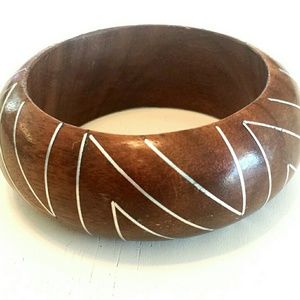 Vintage Wood Metal Inlay Bangle Bracelet.  A